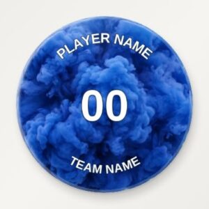 Blue smoke sports pinback button with editable player name, number and team name